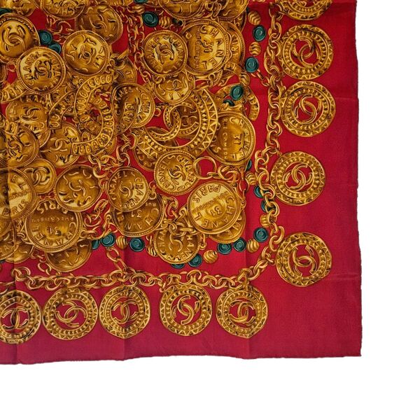 Chanel (Authentic) Red & Gold Jewel Motif 100% Silk Large 34" Vintage Scarf EUC - Picture 4 of 9
